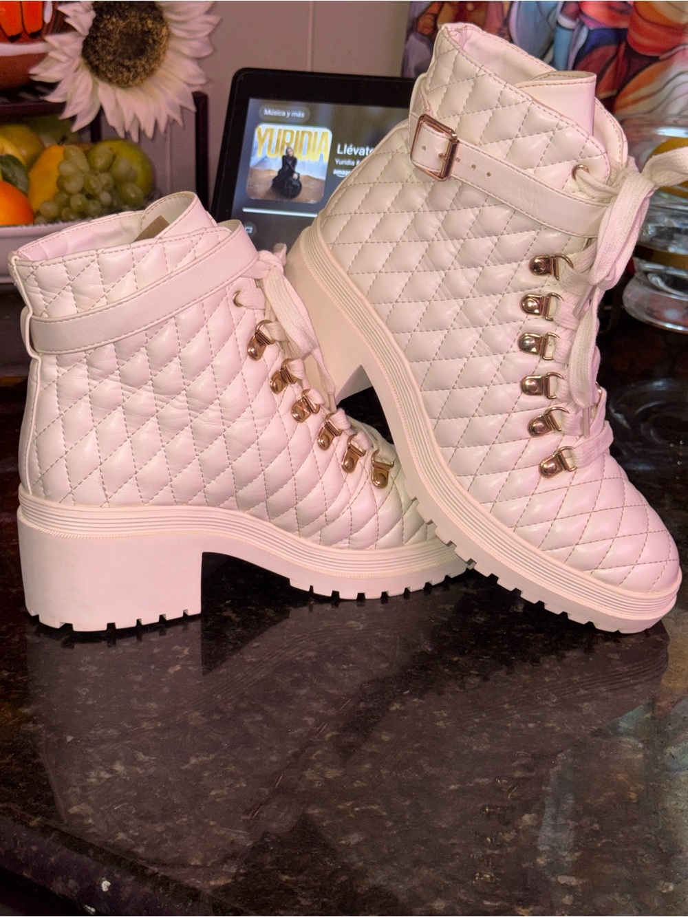 Forever 21 Quilted Lace-Up Ankle Boots in Cream